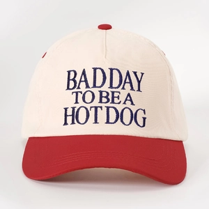 Retro baseball cap in cream and red with blue Bad Day embroidery for men and women