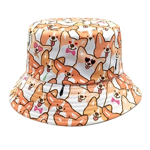 Bob Réversible Imprimé Corgi Dessin Animé Chapeau Pêcheur Polyester Protection Solaire Pour Hommes Femmes