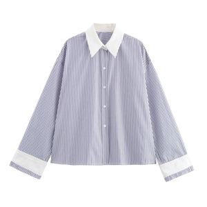 Women Striped Long Sleeve Blouse Contrast White Collar Cuffs Button Down Preppy Style Loose Casual Shirt