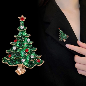 Luxurious green enamel Christmas tree brooch with colorful crystals and gold metal finish