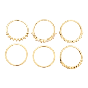 6-piece set of gold-tone geometric rings featuring cubic zirconia and polished bands