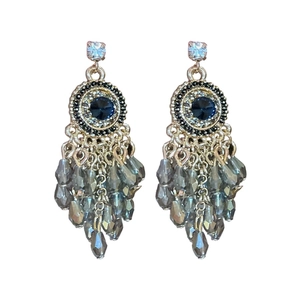 Bohemian crystal teardrop earrings with blue gemstones and gold-tone fringe tassels