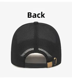 Back view of a black mesh baseball cap with adjustable strap and brass metal buckle