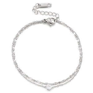 Bracciale a doppio strato in acciaio inossidabile con zircone tondo su sfondo bianco