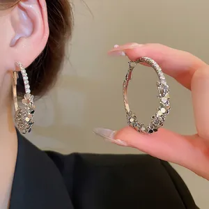 Hoop Earrings Alloy Rhinestone Geometric Round Textured Fashion Jewelry For Women With 925 Sterling Silver Earring Post