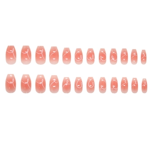 Minimalist hand-painted heart line press-on nails in pink gradient coffin shape