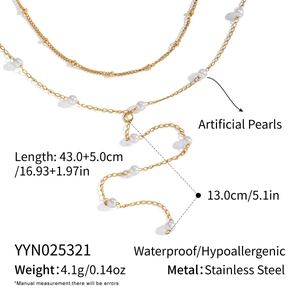 Detail specifications of gold layered Y-chain stainless steel necklace with artificial pearls
