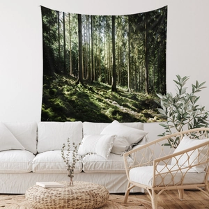 Detailed view of forest landscape tapestry with sunlight on mossy woods decor