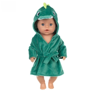 Detail of green dinosaur hooded bathrobe for 18 inch dolls featuring soft velvet fabric