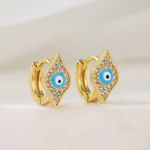 Minimalist evil eye hoop earrings in gold plated copper with zirconia accents