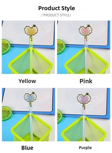 Close-up of four crystal heart gel pens in yellow, pink, blue, and purple colors