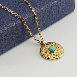 Golden stainless steel necklace with blue turquoise round pendant and hexagram pattern