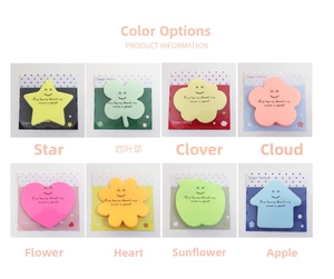 Detail view of 8 different shapes of colorful neon sticky notes in individual packaging