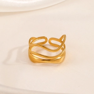 Elegant 18K gold plated three-layer wave stainless steel adjustable ring for women