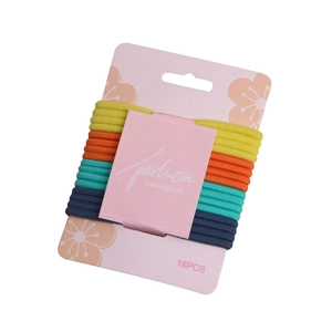 Set of 16 high elasticity seamless hair ties in four vibrant colors on a floral card