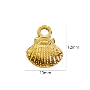 Macro detail of golden seashell charm showing 12mm height and 10mm width dimensions