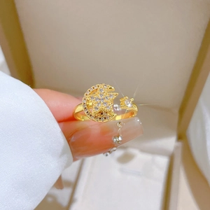 Star Moon Spinning Open Ring Gold Plated Brass Adjustable Dainty Cubic Zirconia Rotating Jewelry For Women Girl Gift