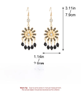 Detailed size specifications for bohemian vintage alloy earrings with black beads