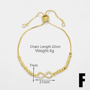 Detail showing 22cm adjustable gold chain with infinity zircon pendant and dimensions