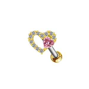 Pink heart zircon stud earring in gold finish with screw back for women jewelry