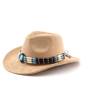 Camel suede western cowboy hat featuring turquoise bead band and ethnic bohemian style