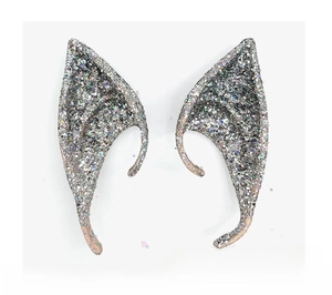 Detail of silver iridescent glitter elf ear cuffs for fantasy cosplay party costumes