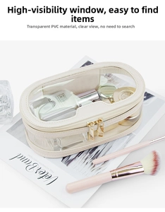 Detail of cream travel makeup bag with clear PVC window and gold double zippers