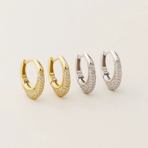 Elegant S925 sterling silver hoop earrings with pavé crystals in gold and silver finish