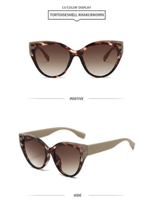 Front and side views of tortoiseshell cat-eye sunglasses with brown gradient lenses