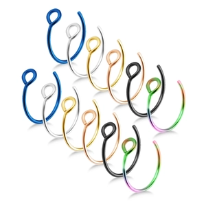 Set of 12 stainless steel C-shaped nose rings in six vibrant metallic colors on white background