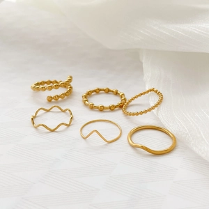 Minimalist Wave Beaded Rings Titanium Steel Gold Plated Stackable Knuckle Band Jewelry For Women Retro Polished