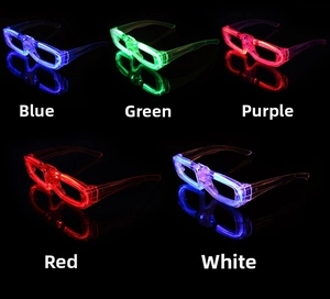 Close-up of LED glowing square glasses in five vibrant colors for night parties