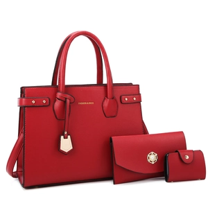 Three-piece red lychee pattern leather tote bag set with wallet and card holder
