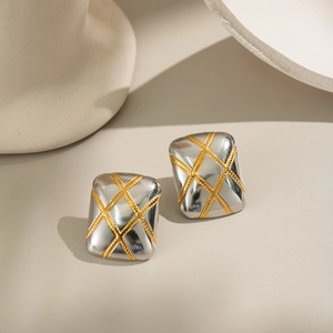 Elegant rectangular two-tone earrings in silver and gold plated stainless steel