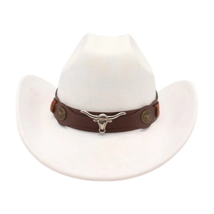 Close-up detail of white western cowboy hat featuring brown band with silver bull head