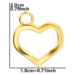 Detailed dimension guide for golden hollow heart pendant showing 2.0cm height and 1.8cm width