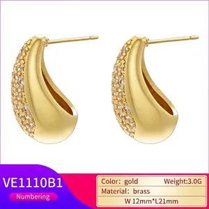 18K gold plated drop-shaped stud earrings with sparkling colorful zircon inlay for women