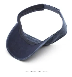 Internal detail of dark blue washed denim sun visor with adjustable velcro strap