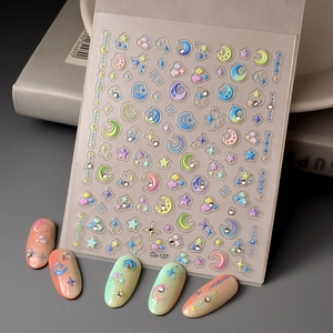 5D embossed nail art stickers with macaron star and moon designs with rhinestones