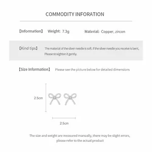 Detailed size chart for bow earrings showing 2.5cm dimensions and copper zircon materials