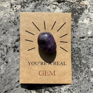 Detail of healing purple amethyst stone attached to You're a Real Gem gift card