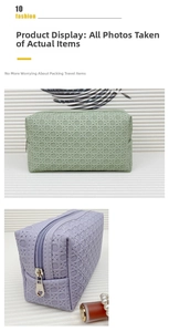 Detail of woven texture cosmetic bags in green and purple with golden heart zippers