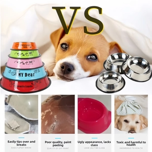 Detail of colorful stainless steel pet bowls with non-slip base and cute animal prints