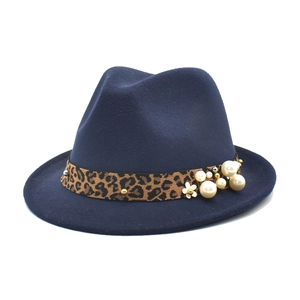 Elegant navy wool fedora hat with leopard print band and decorative pearl accents