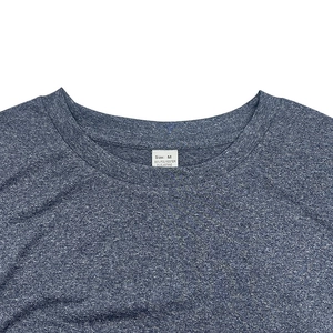 Close-up of crew neckline and breathable fabric texture on a blue athletic t-shirt