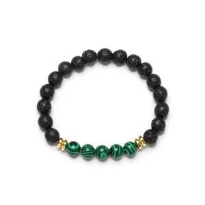 Men Beaded Bracelet Natural Black Lava Rock Colored Stone Elastic Strand Handmade Ethnic Style Jewelry
