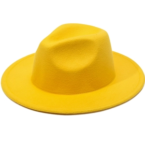 Detailed view of yellow wide brim wool felt jazz fedora hat with classic flat top crown