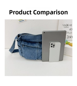 Detail of denim crossbody bag showing size comparison with a tablet and smartphone