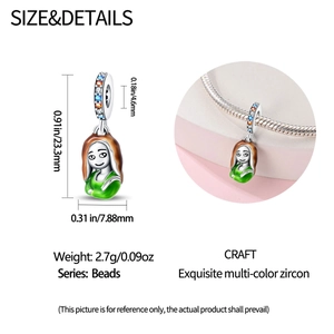 Macro view of S925 silver Mona Lisa bead with dimensions and colorful zircons
