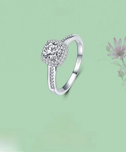 Close-up of S925 sterling silver ring with halo set zircon and visible S925 hallmark